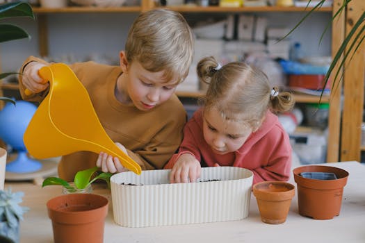 family gardening together, planting seeds in pots