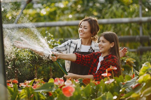 children watering plants in garden