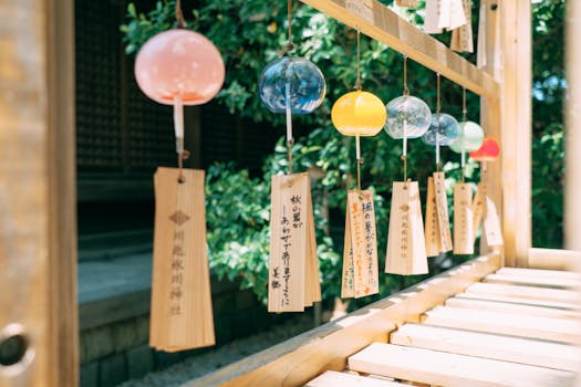 colorful wind chimes in the garden