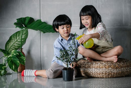 children watering plants