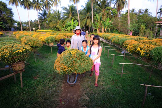 a colorful garden with kids planting