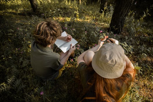 kids observing nature with magnifying glasses