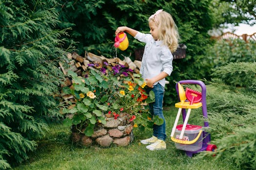 children watering plants in a garden