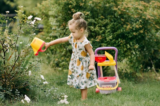 Toddler watering plants in a garden