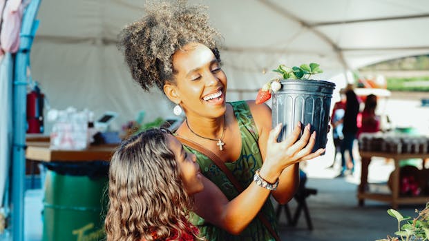 Family gardening together, smiling and planting seeds